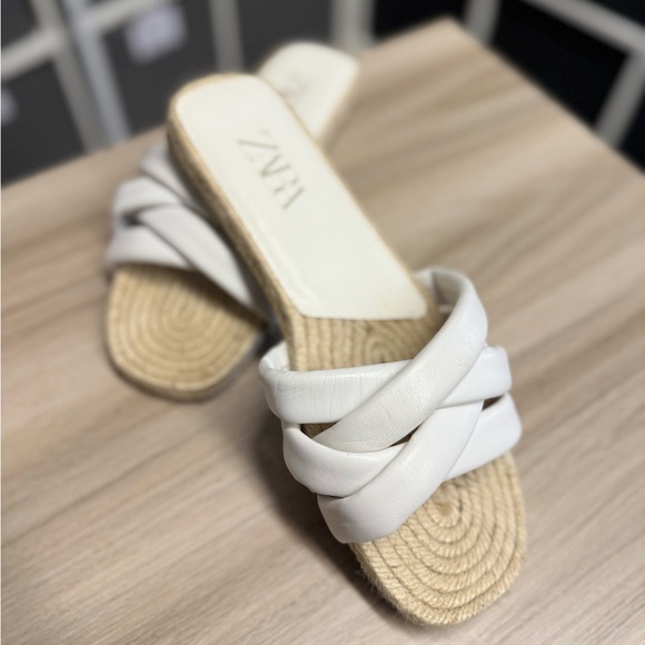 Zara Women's White Criss Cross Leather and Jute Slides Sandals - Picture 1 of 11